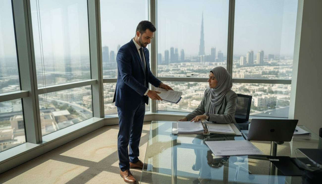Compliance managers meet in Dubai office workspace