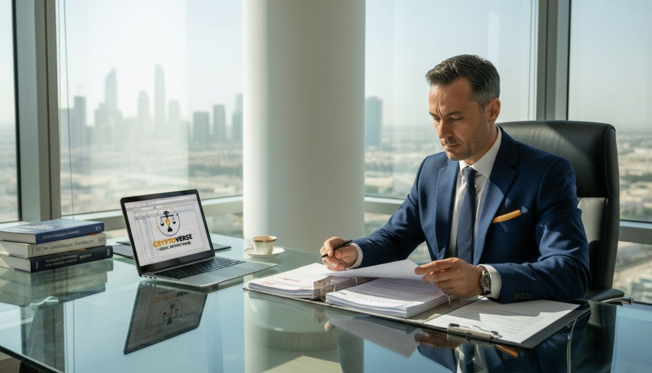Lawyer reviewing crypto documents Dubai office