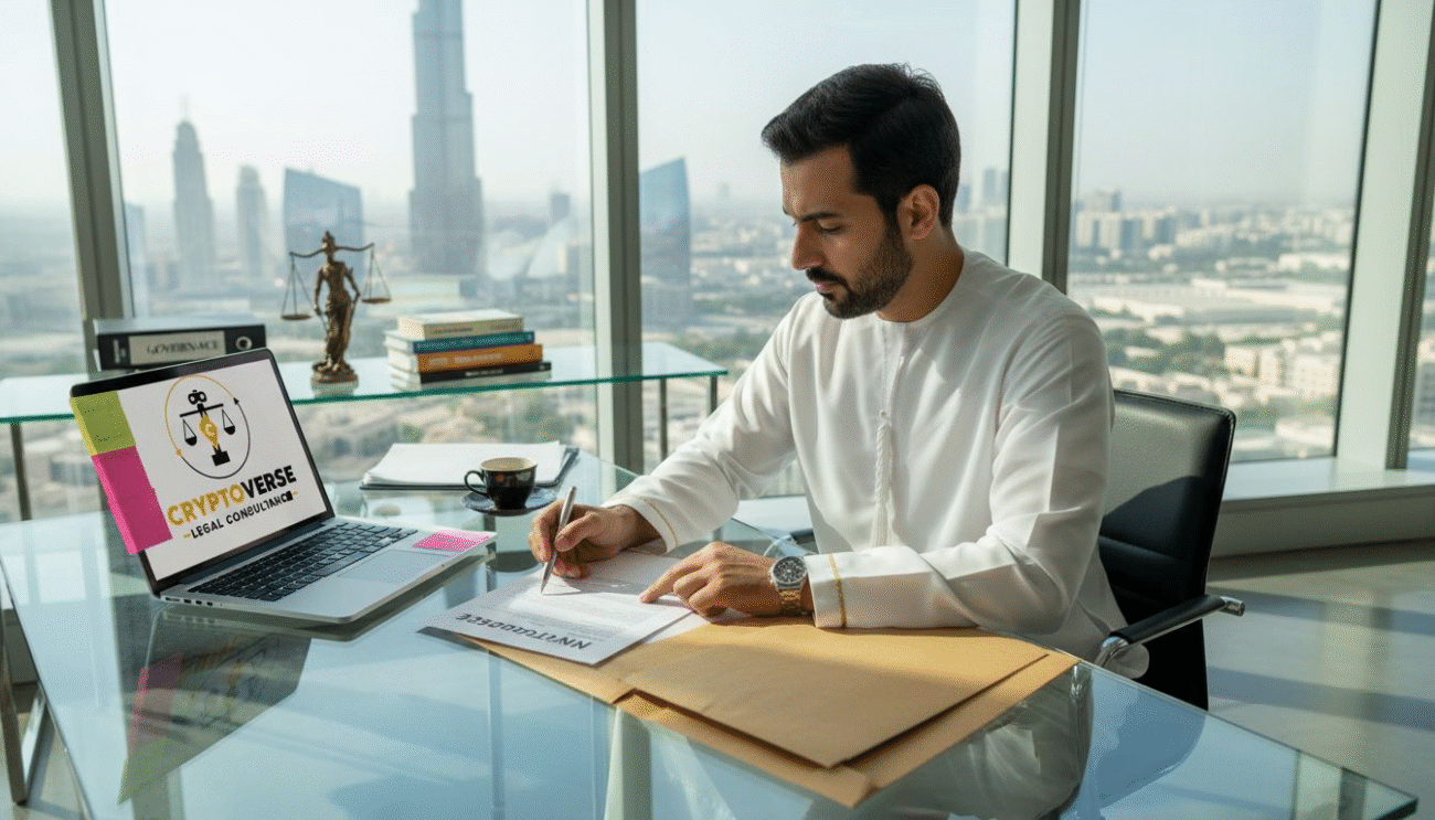 Legal advisor reviewing NFT compliance documents Dubai