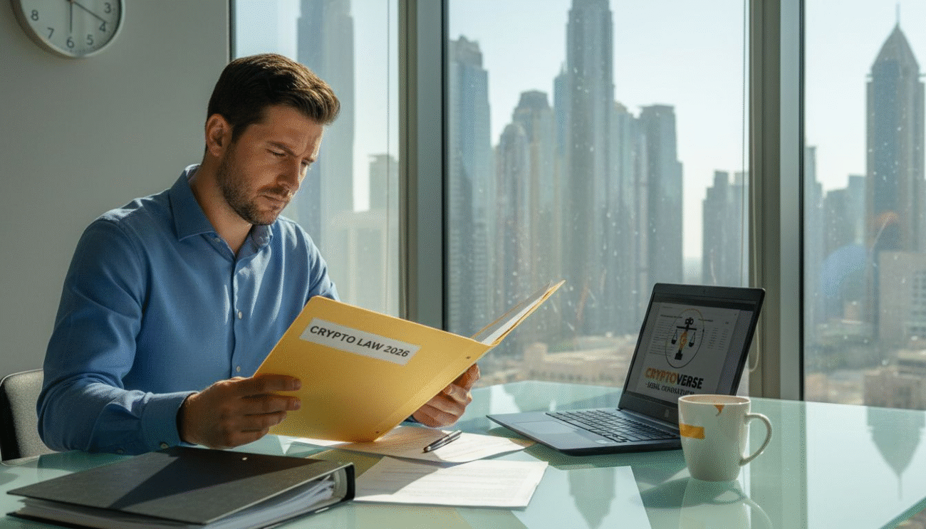 Compliance officer reviewing UAE crypto law documents