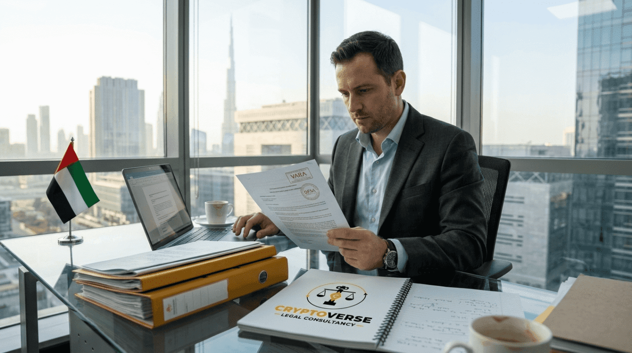 Legal advisor reviewing crypto documents in Dubai