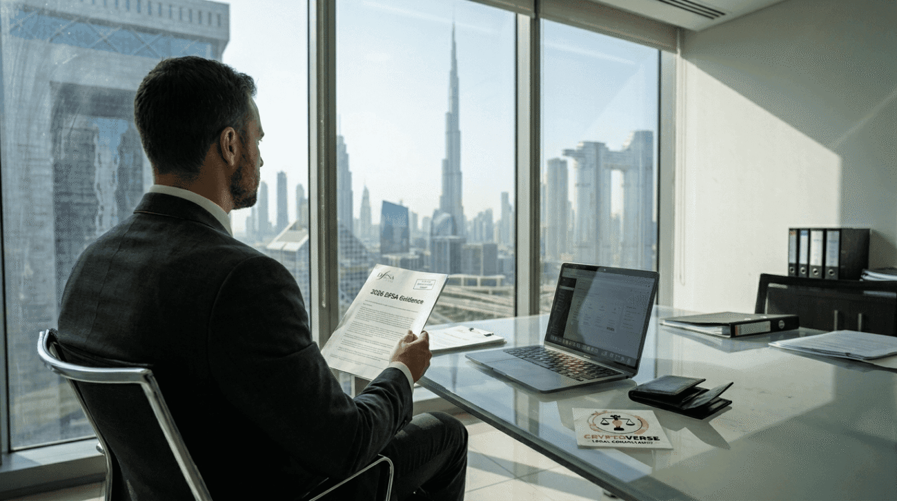 Professional reviewing DFSA crypto documents in DIFC office
