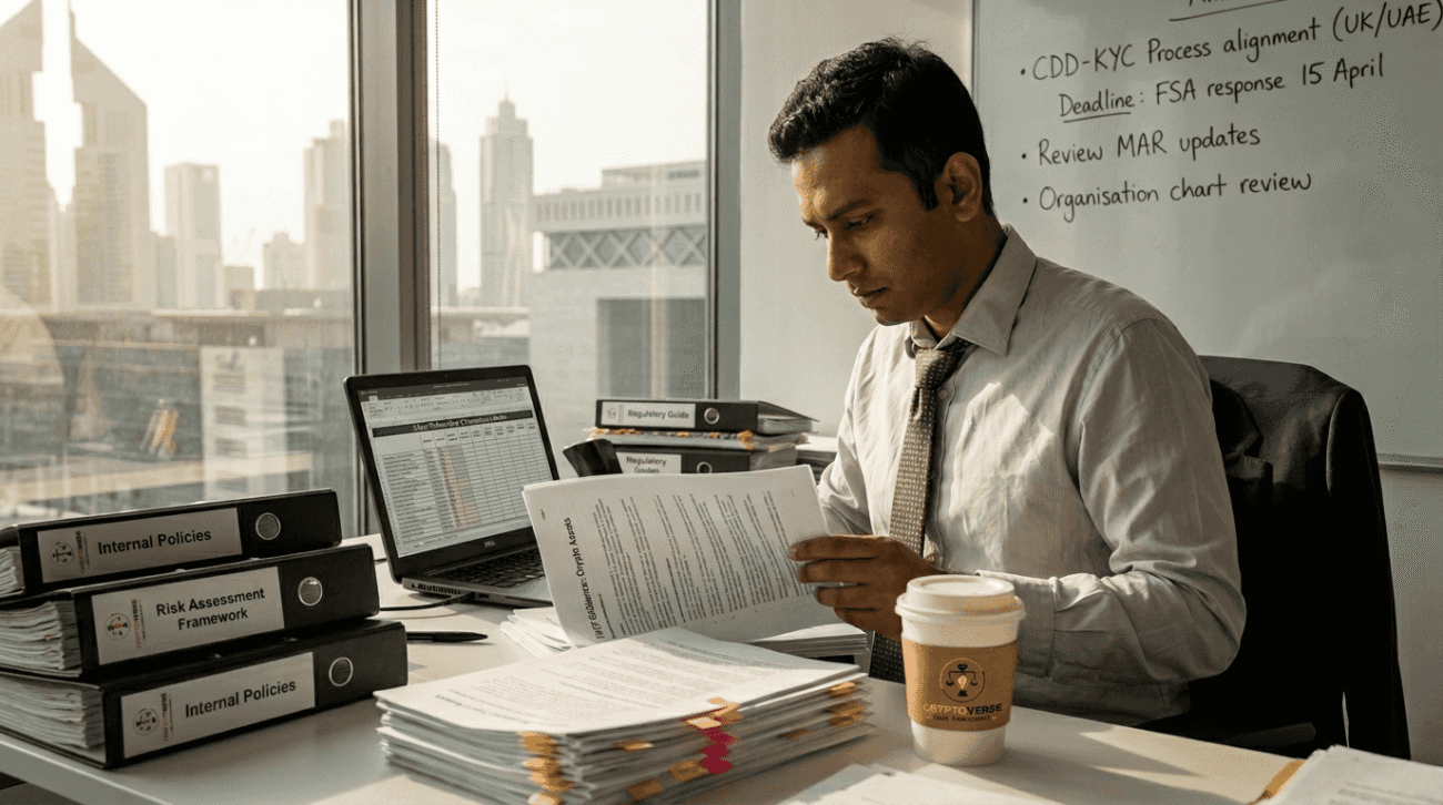 Lawyer reviews regulatory documents in busy office